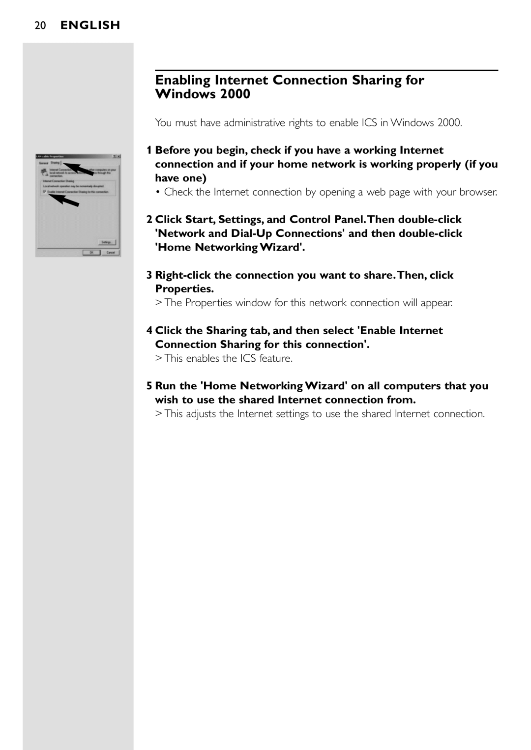 Philips CPWUA001 manual Enabling Internet Connection Sharing for Windows 