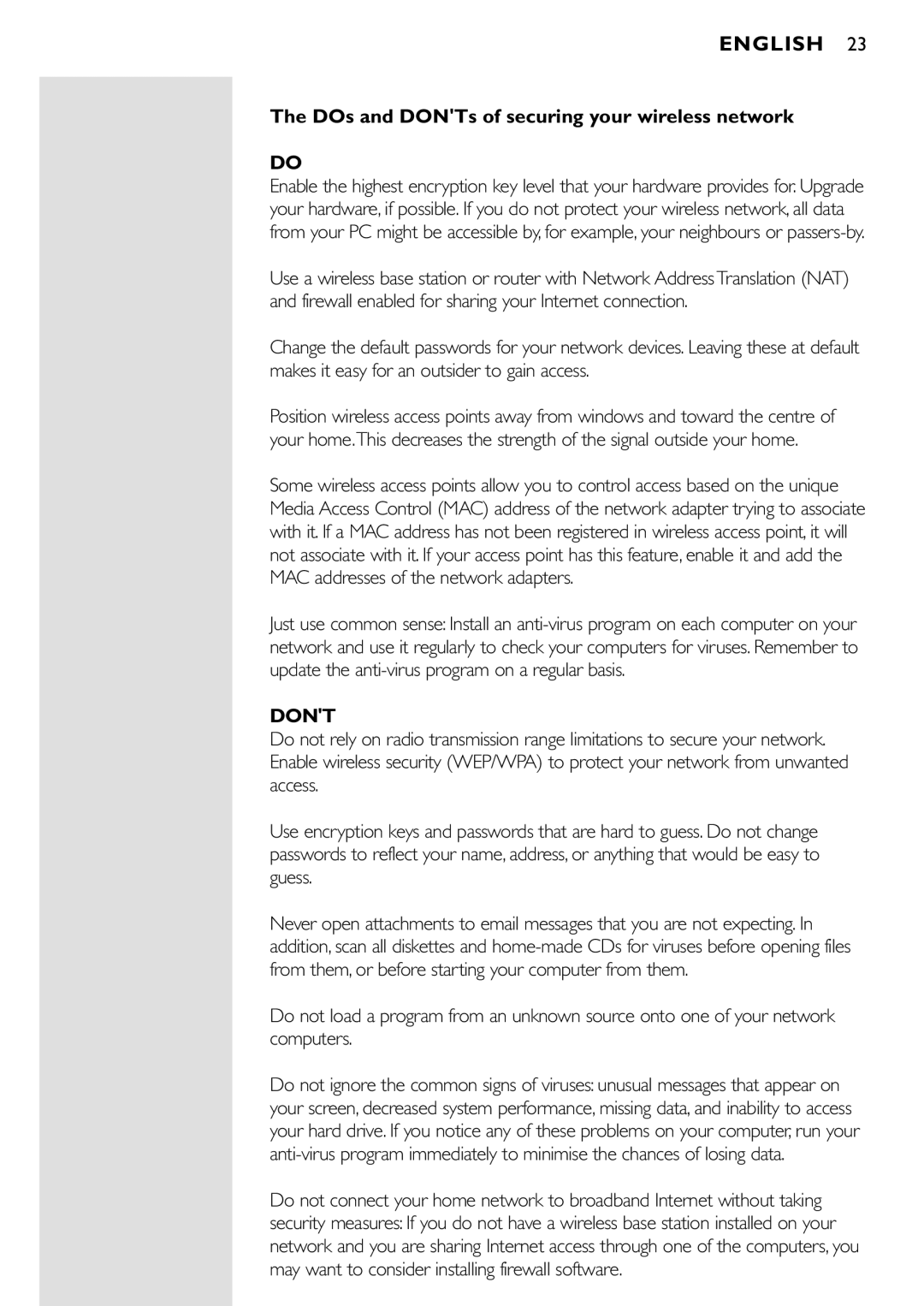 Philips CPWUA001 manual DOs and DONTs of securing your wireless network, Dont 
