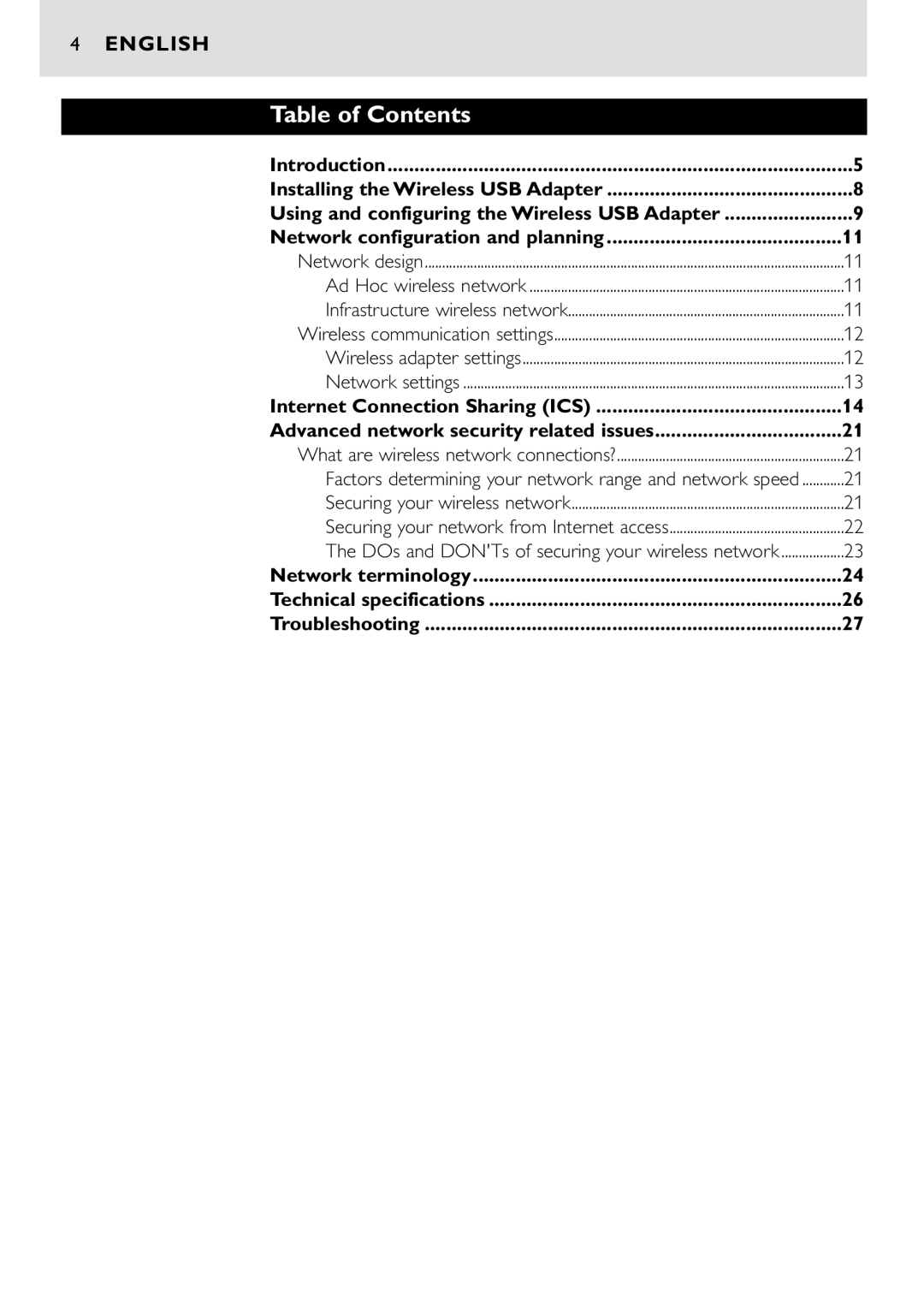 Philips CPWUA001 manual Table of Contents 