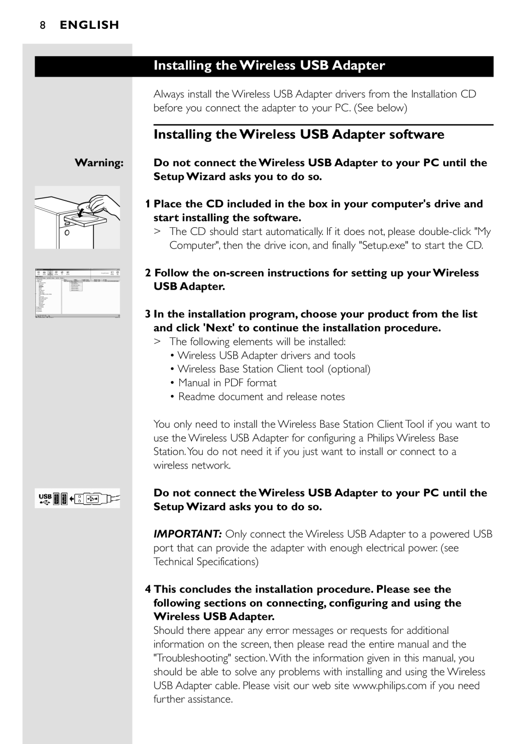 Philips CPWUA001 manual Installing the Wireless USB Adapter software 