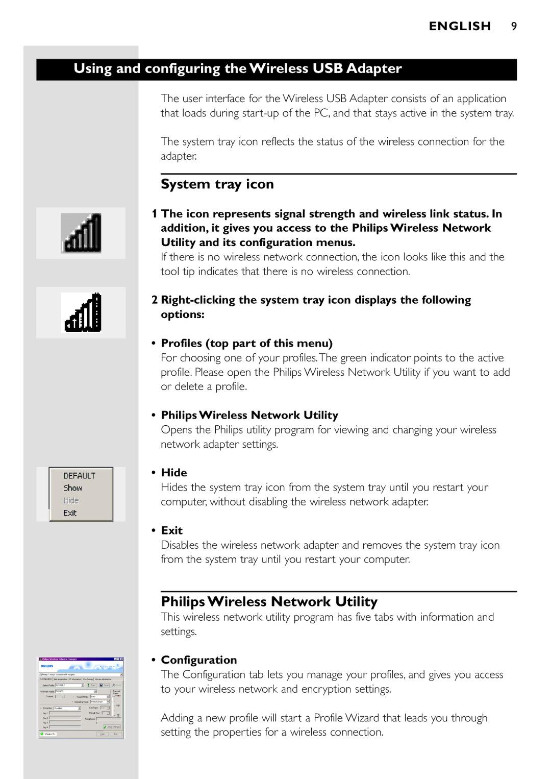 Philips CPWUA001 manual Using and configuring the Wireless USB Adapter, System tray icon, Philips Wireless Network Utility 