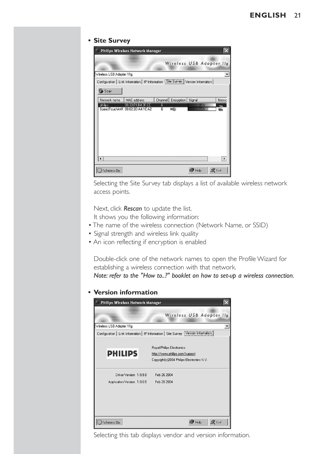 Philips CPWUA054 manual English, Site Survey, Version information 