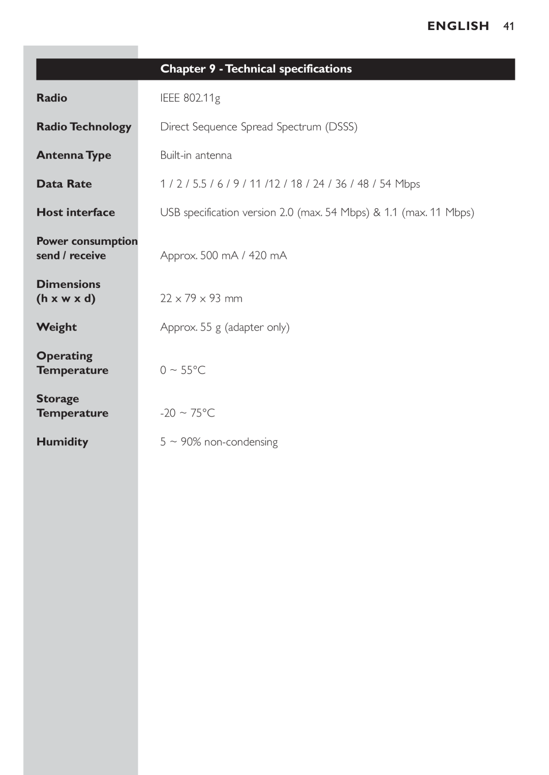 Philips CPWUA054 manual Technical specifications, English, USB specification version 2.0 max. 54 Mbps & 1.1 max. 11 Mbps 