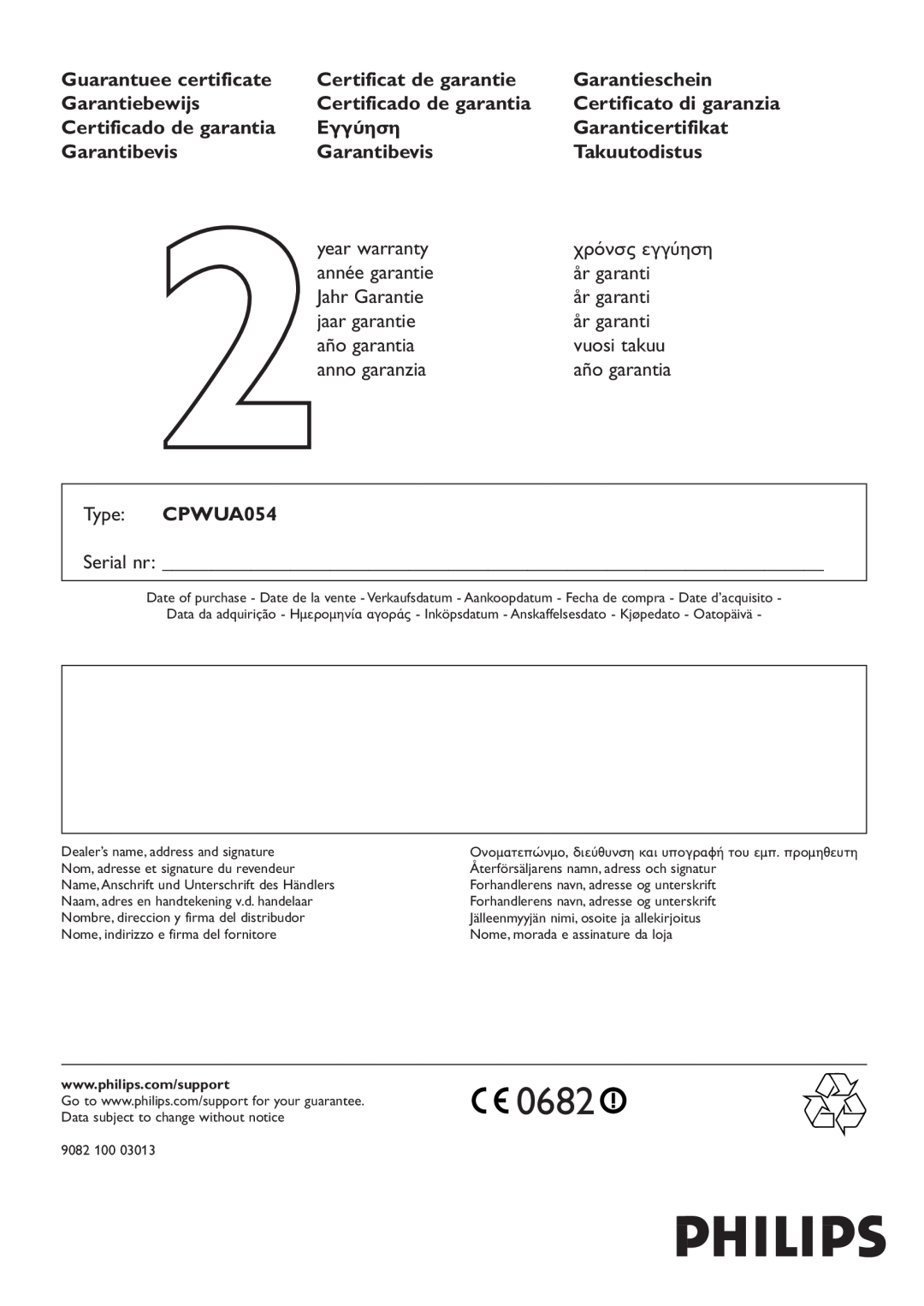 Philips CPWUA054 manual Serial nr, Inköpsdatum - Anskaffelsesdato - Kjøpedato - Oatopäivä 