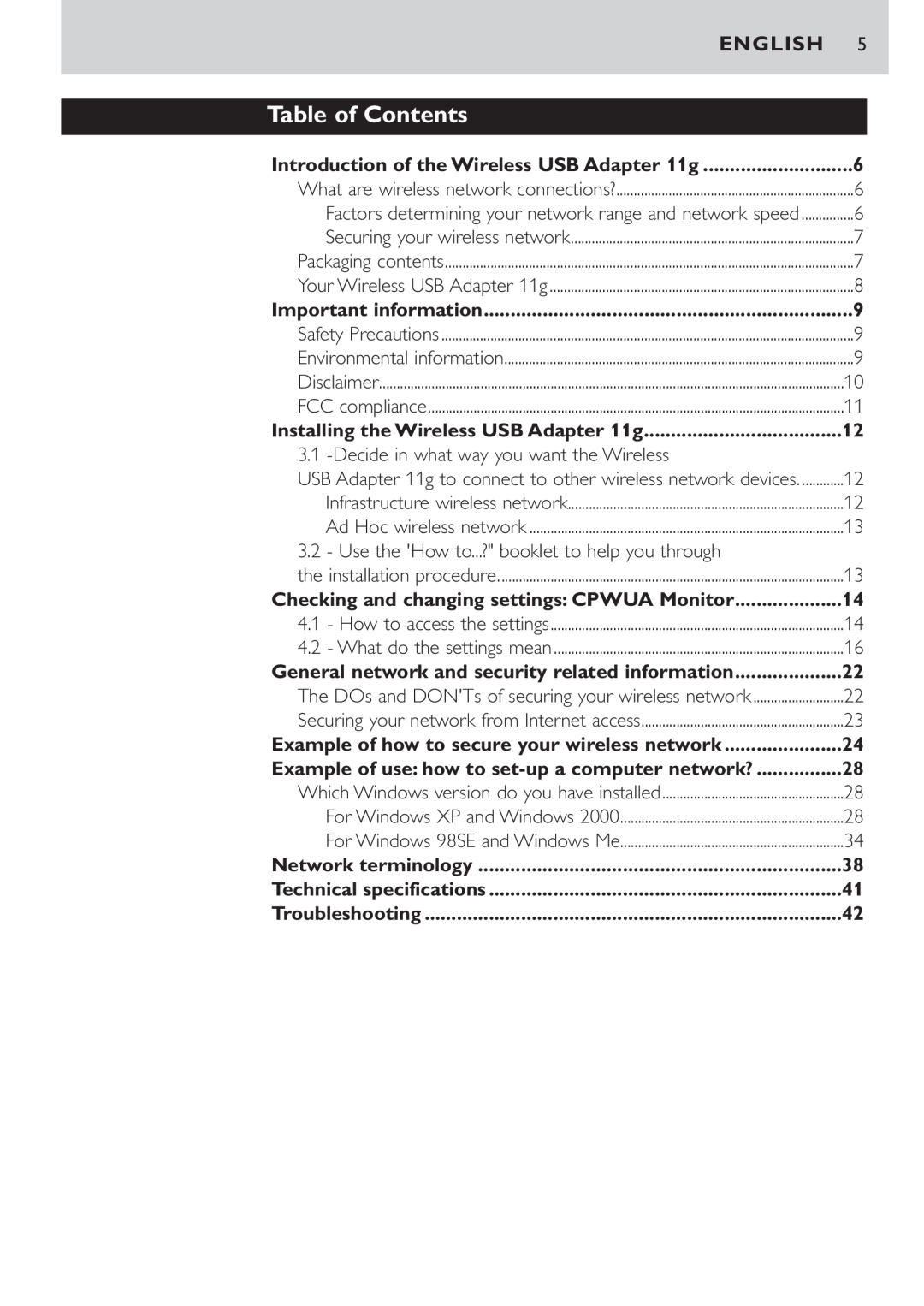 Philips CPWUA054 manual Table of Contents, English 