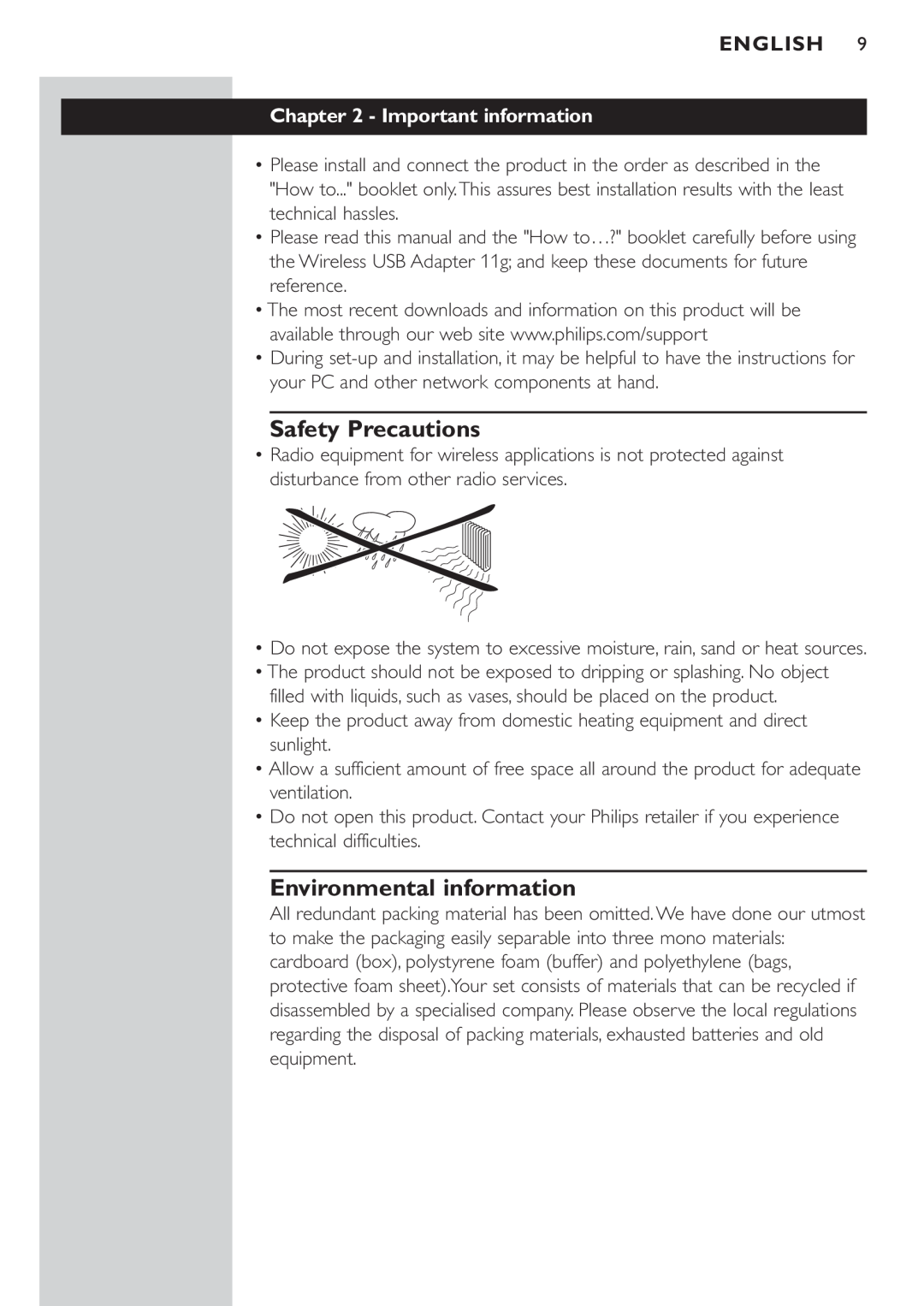 Philips CPWUA054 manual Safety Precautions, Environmental information, Important information, English 