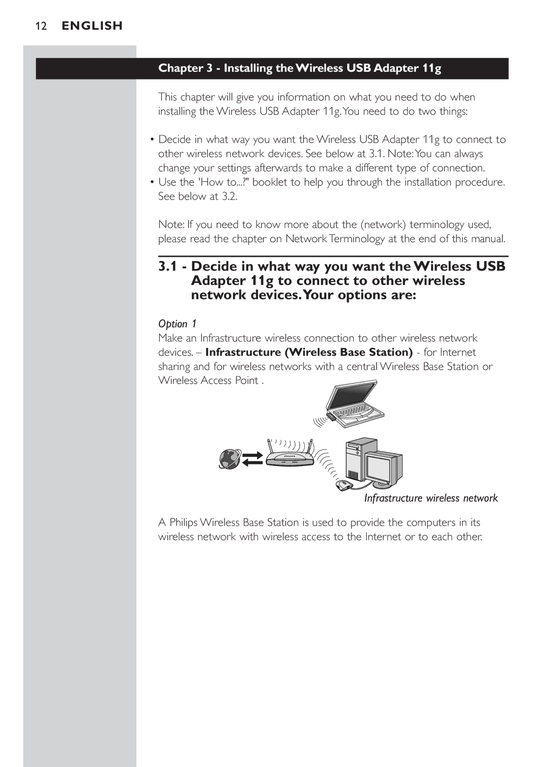 Philips CPWUA054 manual Installing the Wireless USB Adapter 11g, Infrastructure wireless network 