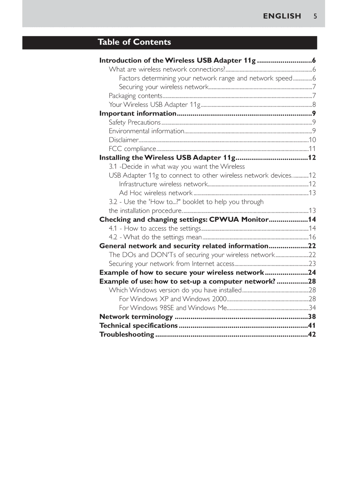 Philips CPWUA054 manual Table of Contents 