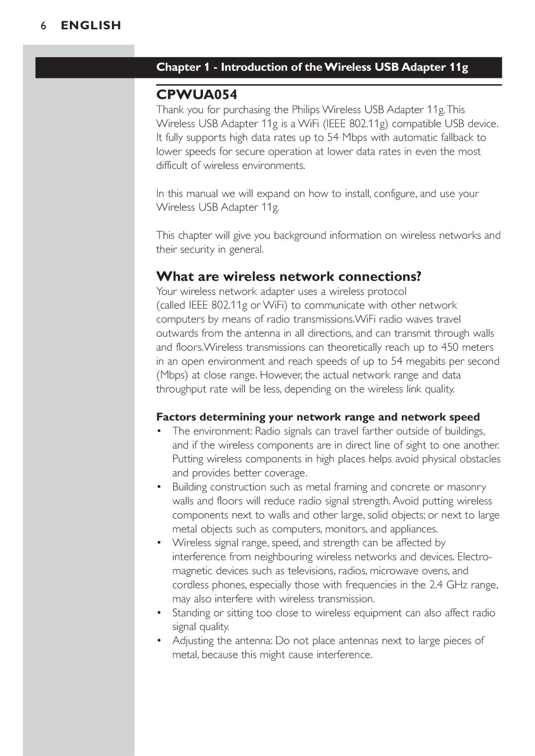 Philips CPWUA054 manual What are wireless network connections?, Introduction of the Wireless USB Adapter 11g 