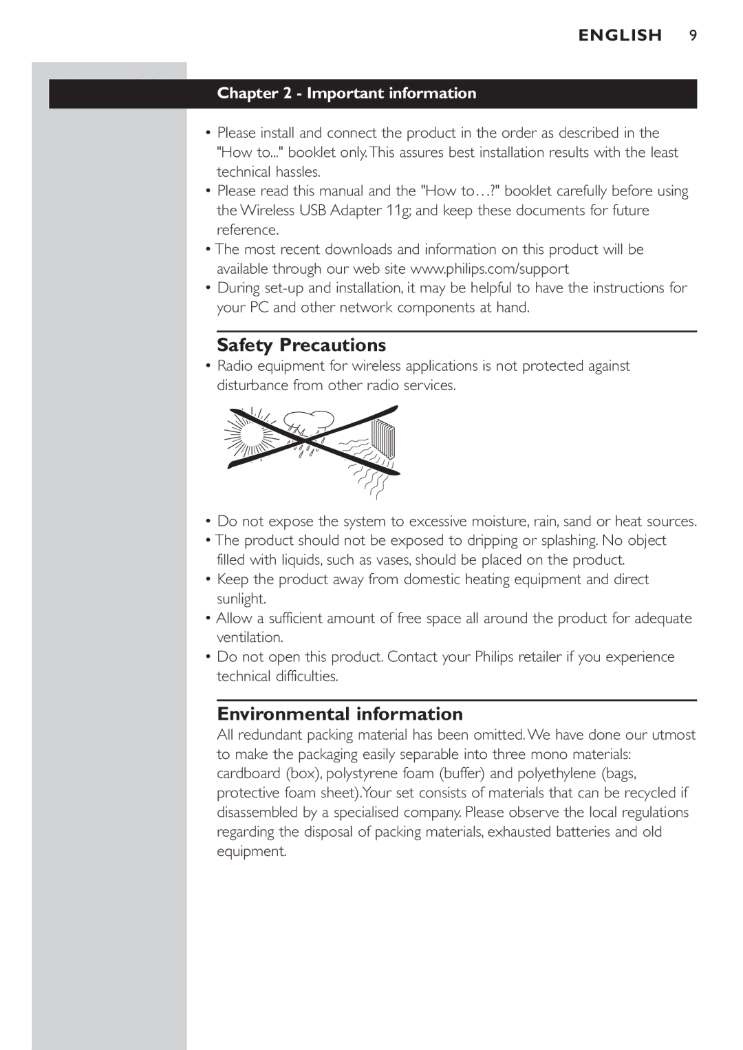 Philips CPWUA054 manual Safety Precautions, Environmental information, Important information 