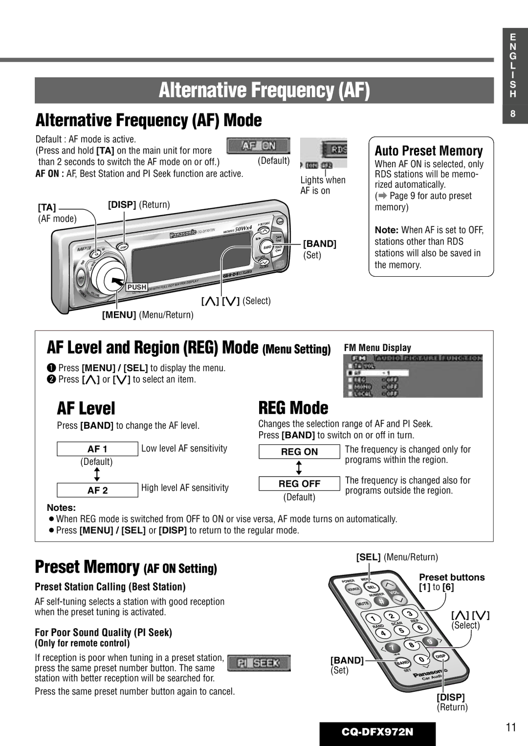 Philips CQ-DFX972N Alternative Frequency AF Mode, AF Level and Region REG Mode Menu Setting FM Menu Display 