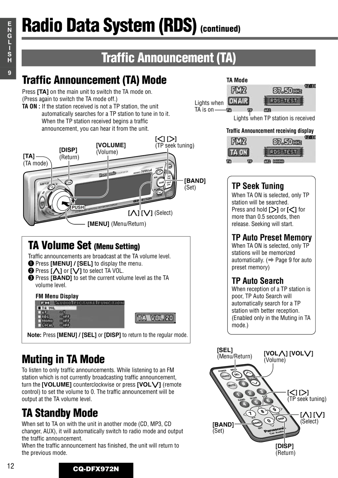 Philips CQ-DFX972N Traffic Announcement TA, TA Volume Set Menu Setting, Muting in TA Mode, TA Standby Mode 