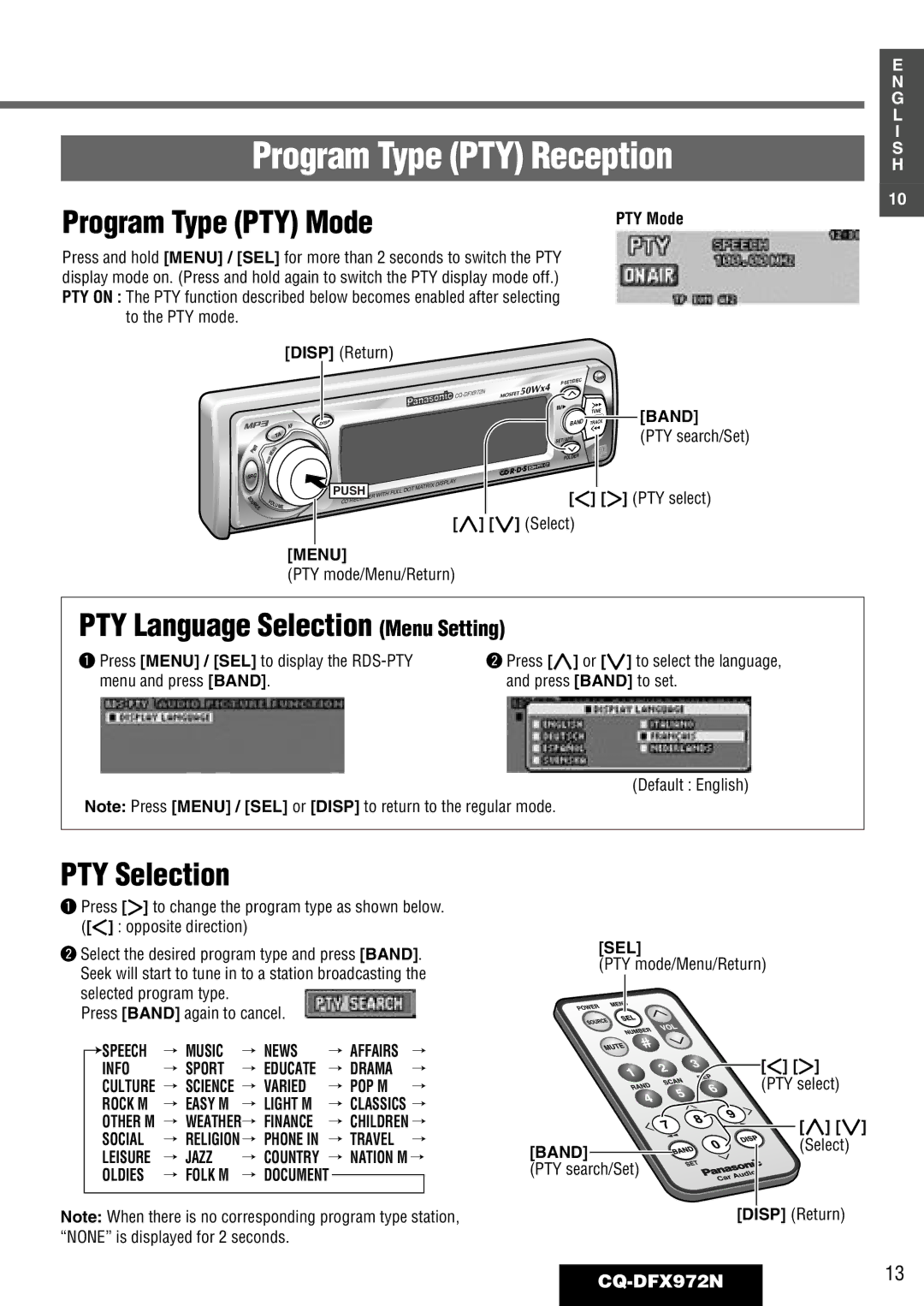 Philips CQ-DFX972N Program Type PTY Reception, Program Type PTY Mode, PTY Language Selection Menu Setting, PTY Selection 