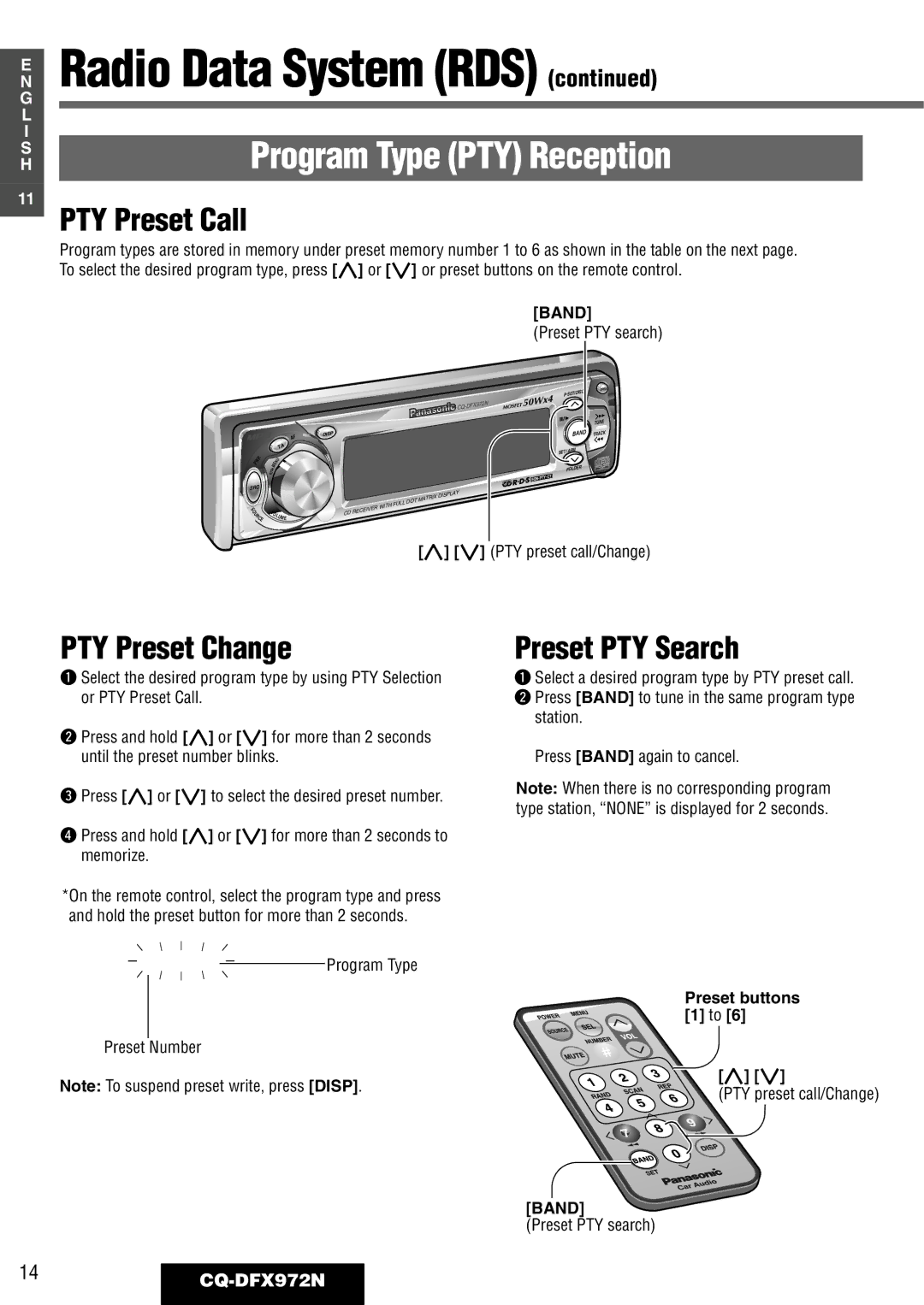 Philips operating instructions PTY Preset Call, PTY Preset Change, Preset PTY Search, 14CQ-DFX972N 