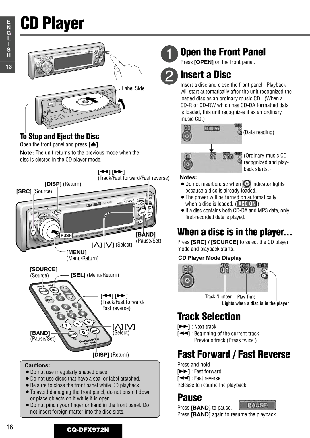 Philips CQ-DFX972N operating instructions CD Player, Open the Front Panel, Insert a Disc, Track Selection, Pause 