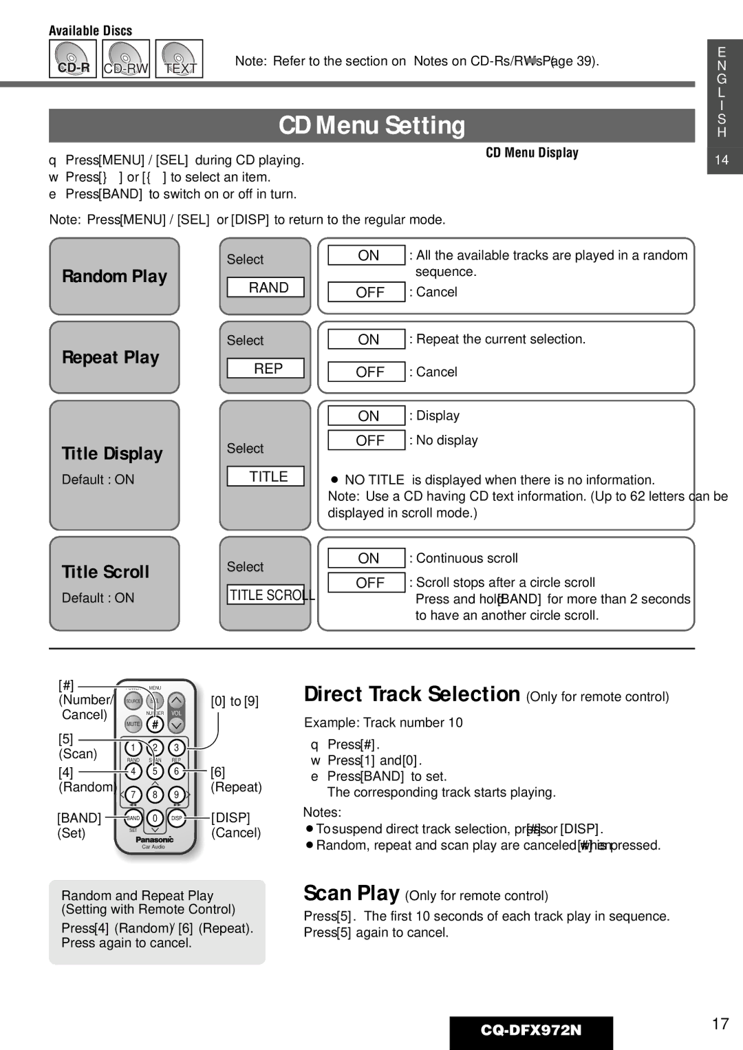 Philips operating instructions CD Menu Setting, Random Play Repeat Play Title Display, Title Scroll, CQ-DFX972N17 