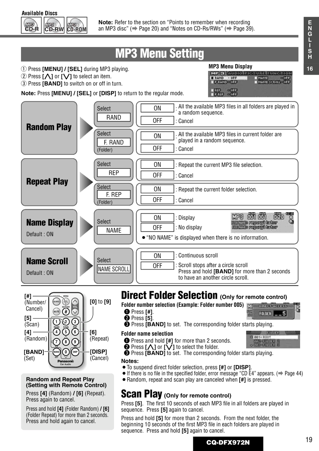 Philips MP3 Menu Setting, Random Play Repeat Play Name Display, Name Scroll, CQ-DFX972N19, Folder name selection 