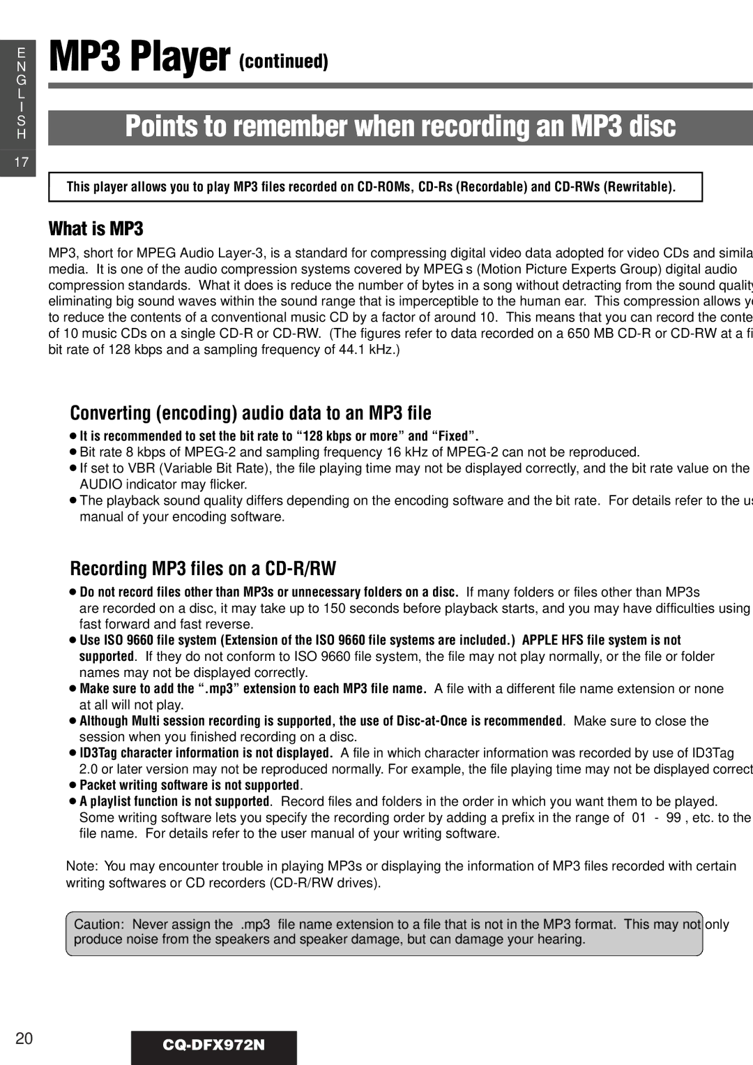 Philips CQ-DFX972N What is MP3, Converting encoding audio data to an MP3 file, Recording MP3 files on a CD-R/RW 