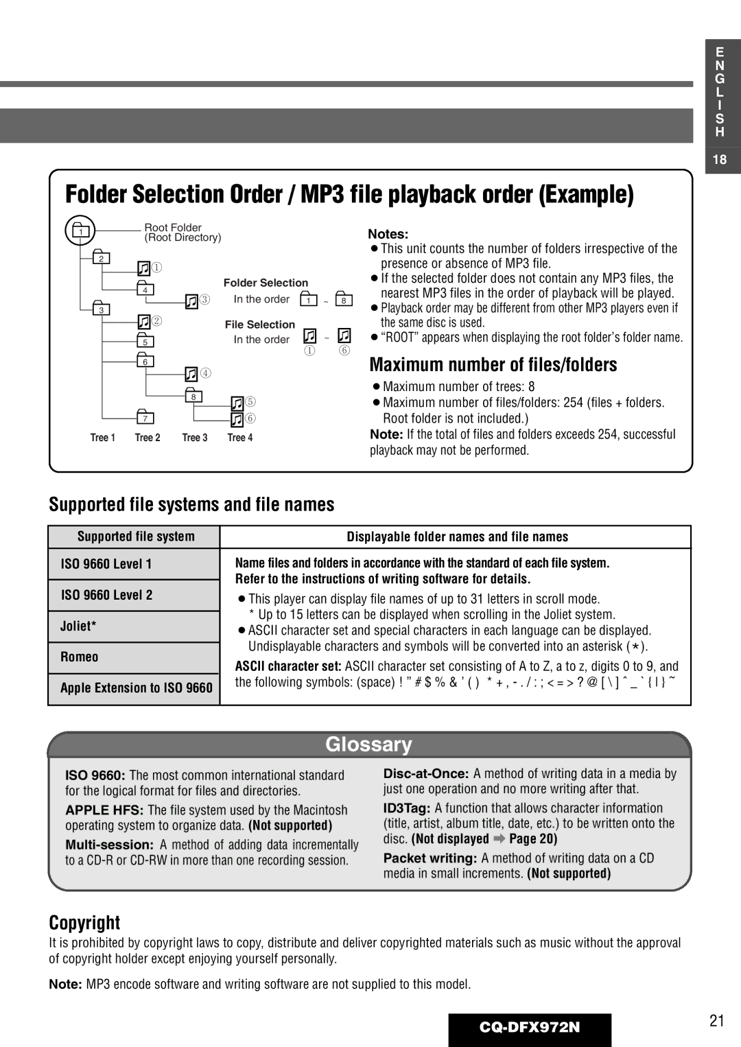 Philips Maximum number of files/folders, Supported file systems and file names, Copyright, CQ-DFX972N21 