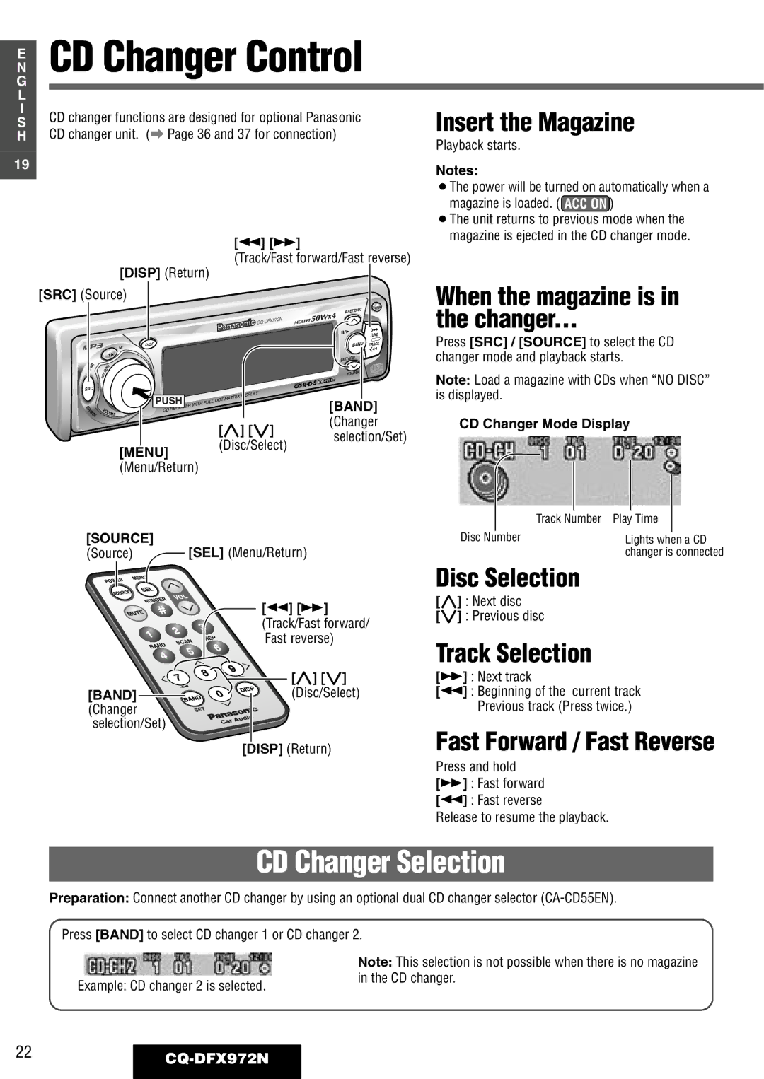 Philips CQ-DFX972N operating instructions CD Changer Selection, Insert the Magazine, When the magazine is, Disc Selection 