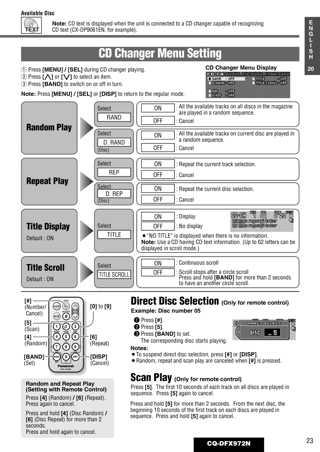 Philips operating instructions CD Changer Menu Setting, CQ-DFX972N23, Available Disc, CD Changer Menu Display 