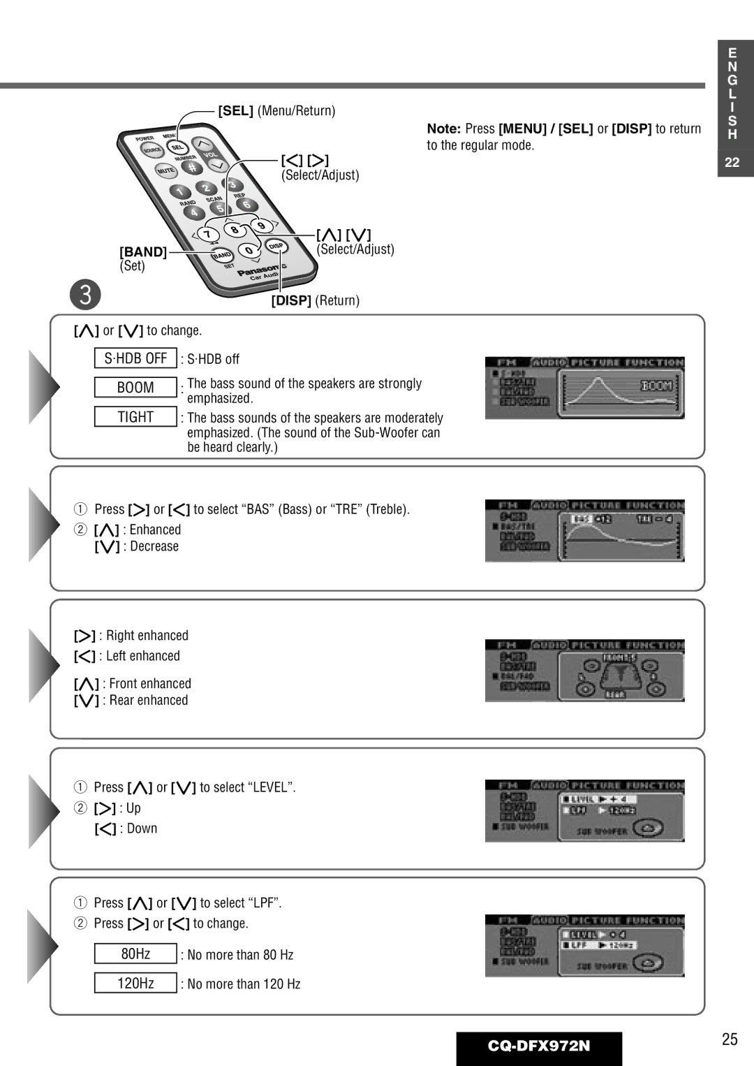 Philips operating instructions CQ-DFX972N25, Set SEL Menu/Return Select/Adjust Disp Return Or to change 