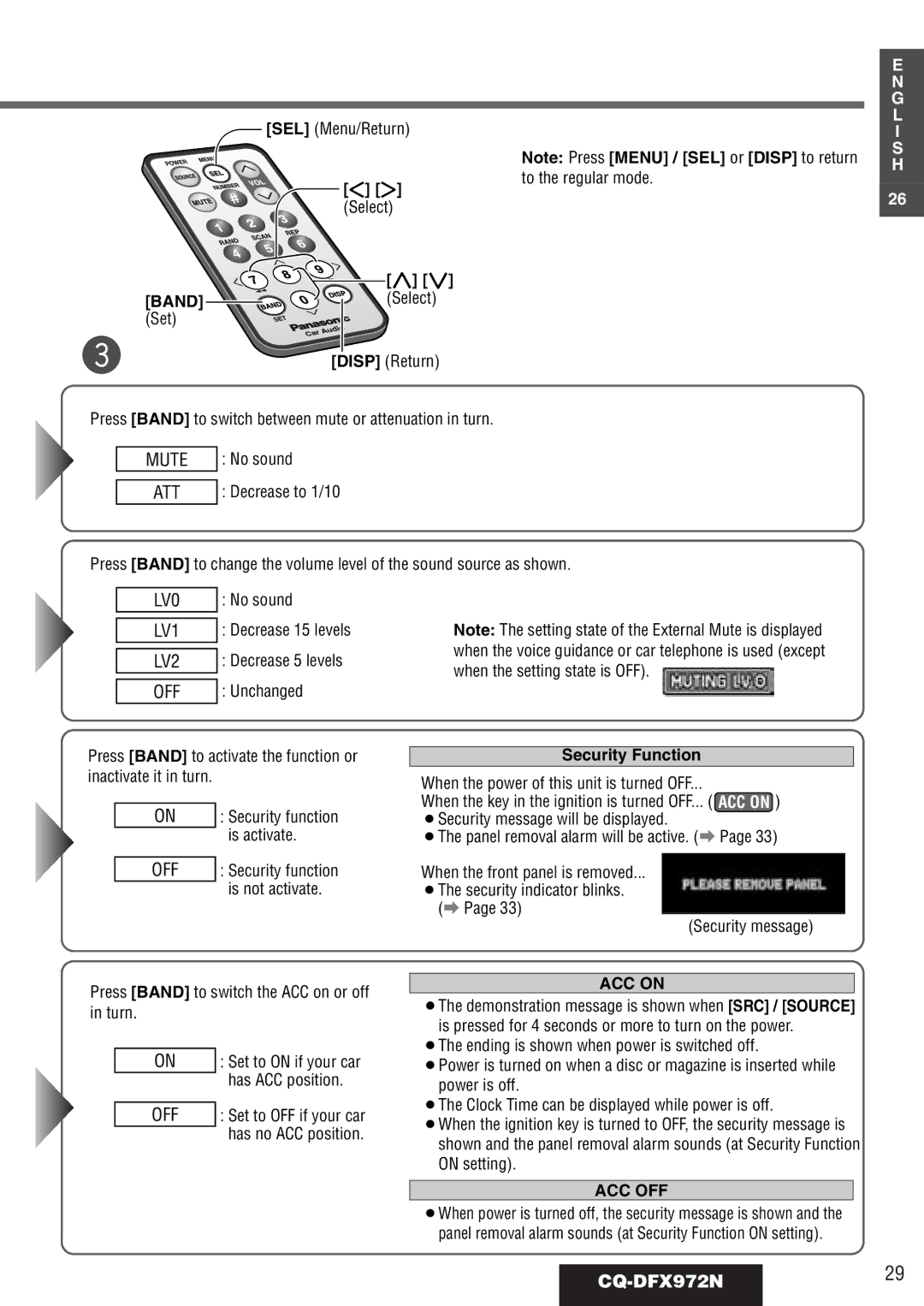 Philips operating instructions CQ-DFX972N29, Select To the regular mode, Unchanged, Security Function 