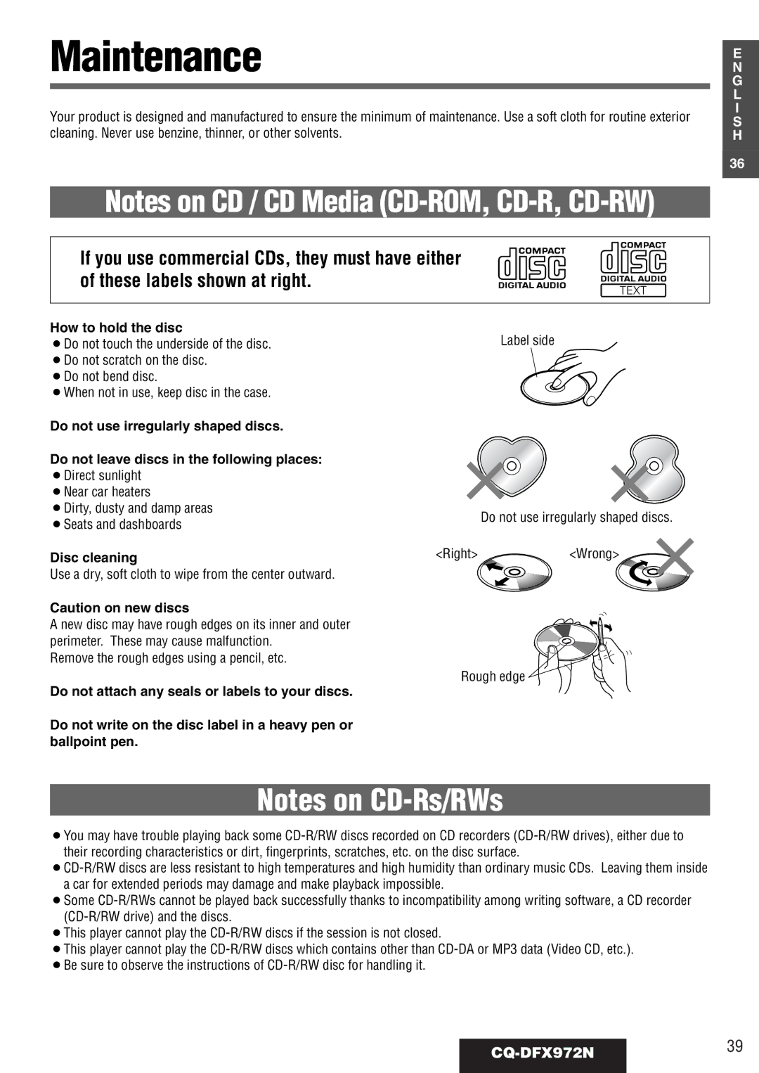 Philips operating instructions Maintenance, CQ-DFX972N39, How to hold the disc, ¡Near car heaters, Disc cleaning 