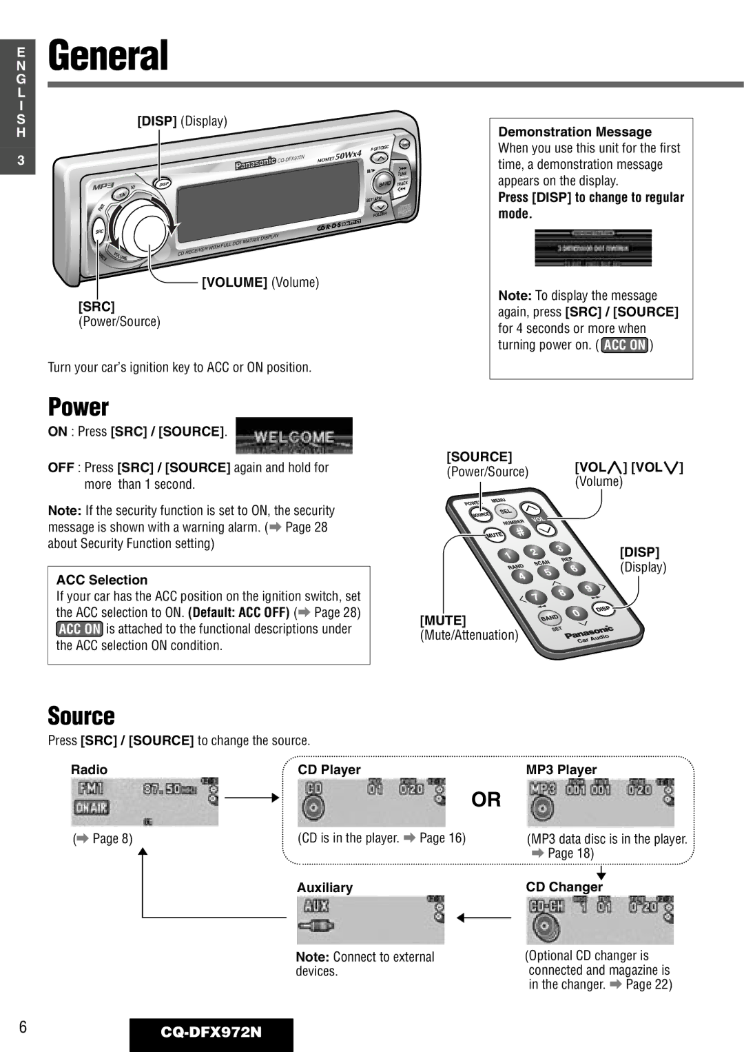 Philips CQ-DFX972N operating instructions General, Power, Source 