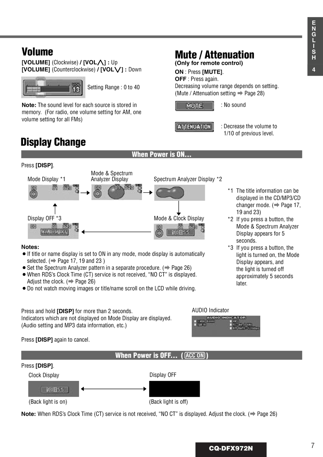 Philips CQ-DFX972N operating instructions Mute / Attenuation, Display Change, Volume Clockwise / VOL Up 