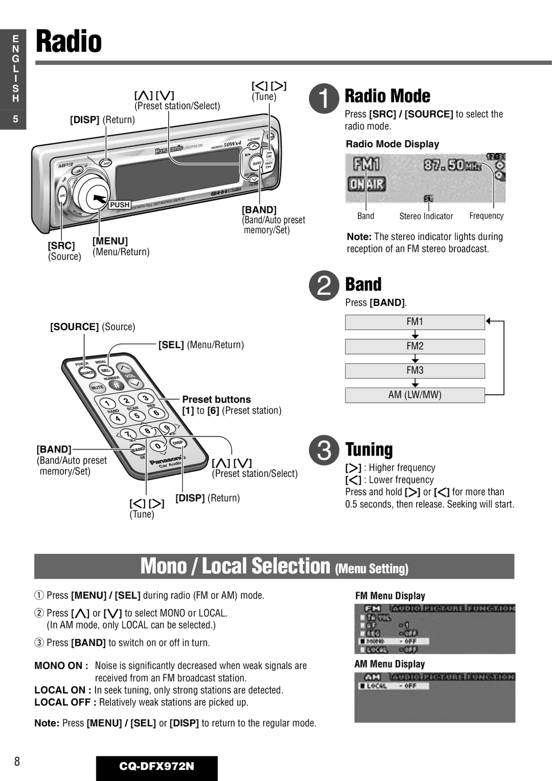 Philips CQ-DFX972N operating instructions Mono / Local Selection Menu Setting, Radio Mode, Band, Tuning 