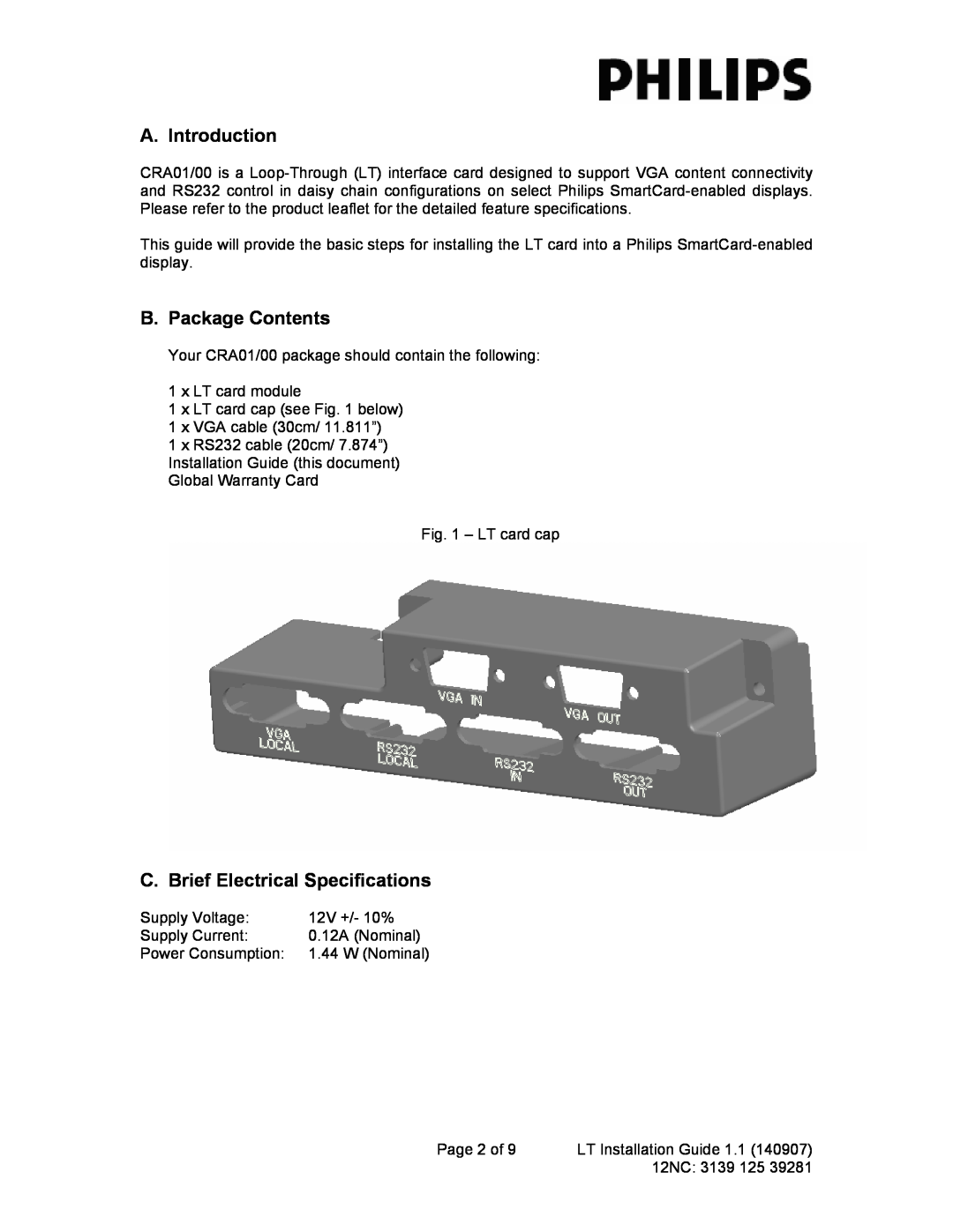 Philips CRA01/00 manual A. Introduction, B. Package Contents, C. Brief Electrical Specifications 
