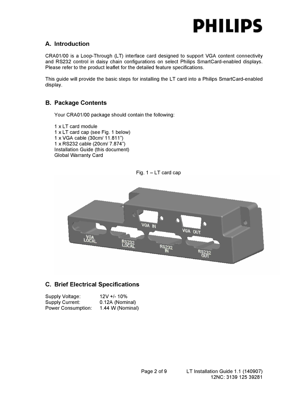 Philips CRA01/00 manual Introduction, Package Contents, Brief Electrical Specifications 