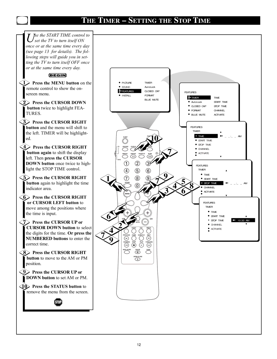 Philips CRT Television manual Timer Setting the Stop Time, Press the Cursor Right Or Cursor Left button to 