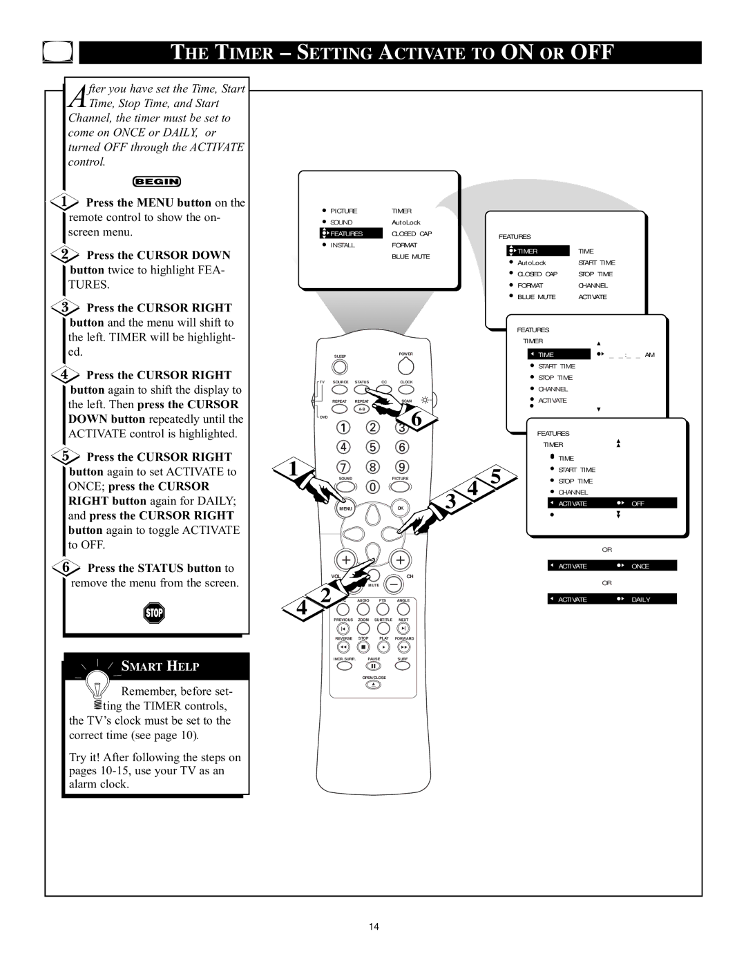 Philips CRT Television manual Timer Setting Activate to on or OFF, Once press the Cursor 