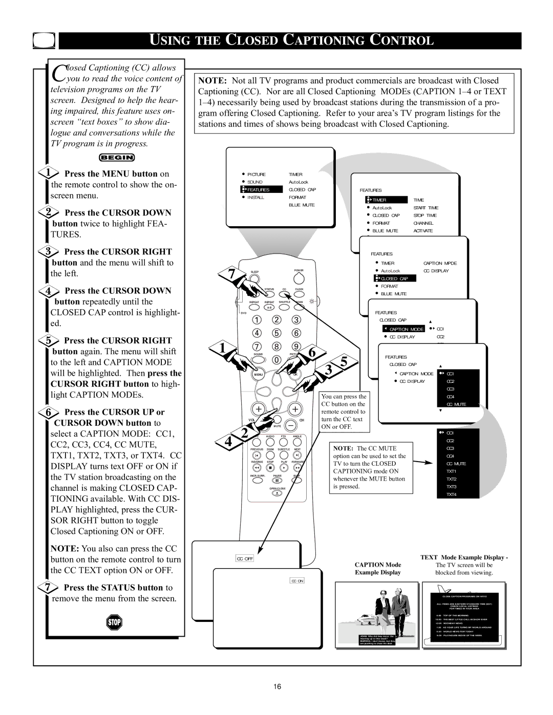 Philips CRT Television manual Using the Closed Captioning Control, Press the Cursor Right button and the menu will shift to 