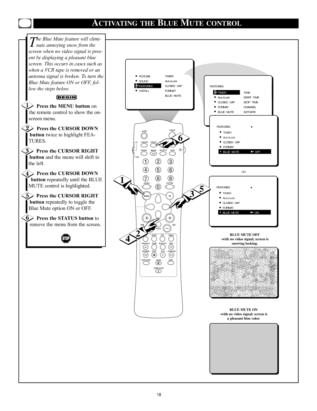 Philips CRT Television manual Activating the Blue Mute Control, Blue Mute OFF 