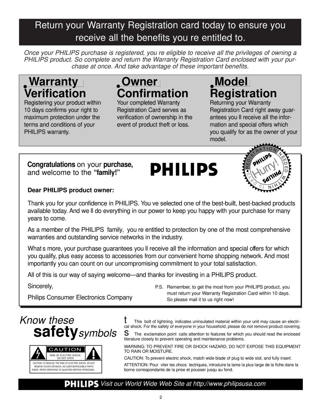 Philips CRT Television manual Warranty Verification 