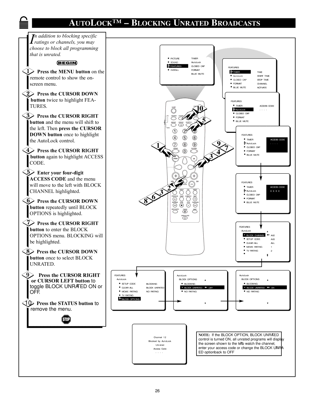 Philips CRT Television manual Autolock Blocking Unrated Broadcasts, Enter your four-digit Access Code and the menu 