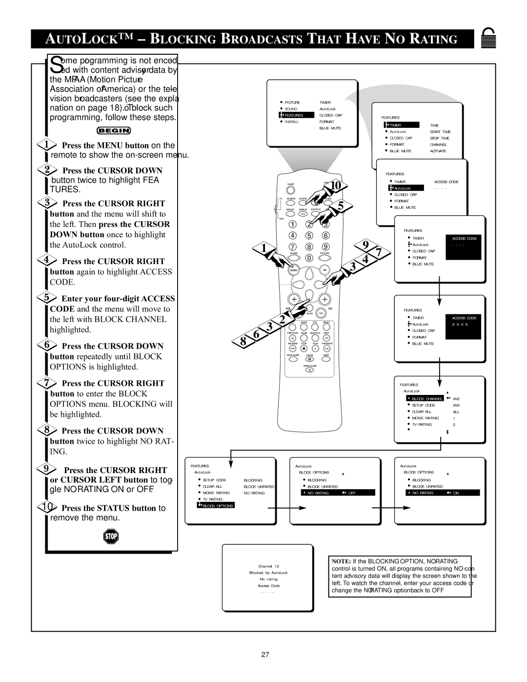 Philips CRT Television manual Autolock Blocking Broadcasts That have no Rating, Enter your four-digit Access 