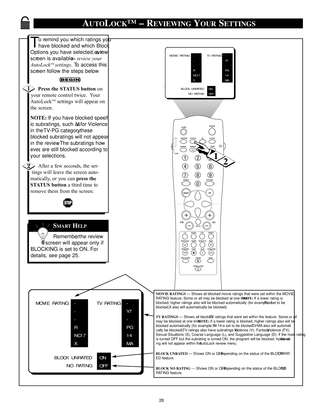 Philips CRT Television manual Autolock Reviewing Your Settings, Block Unrated No Rating 