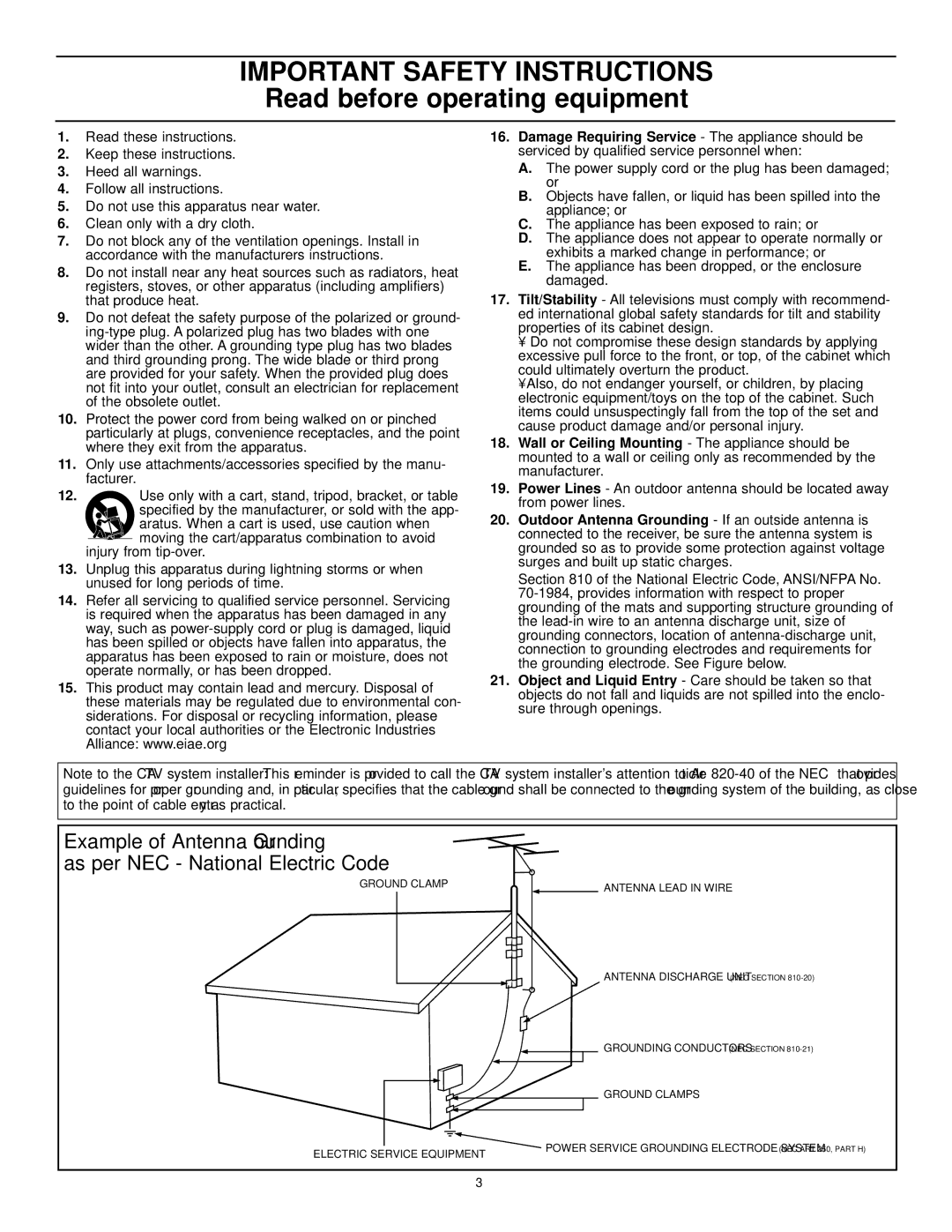 Philips CRT Television manual Important Safety Instructions 