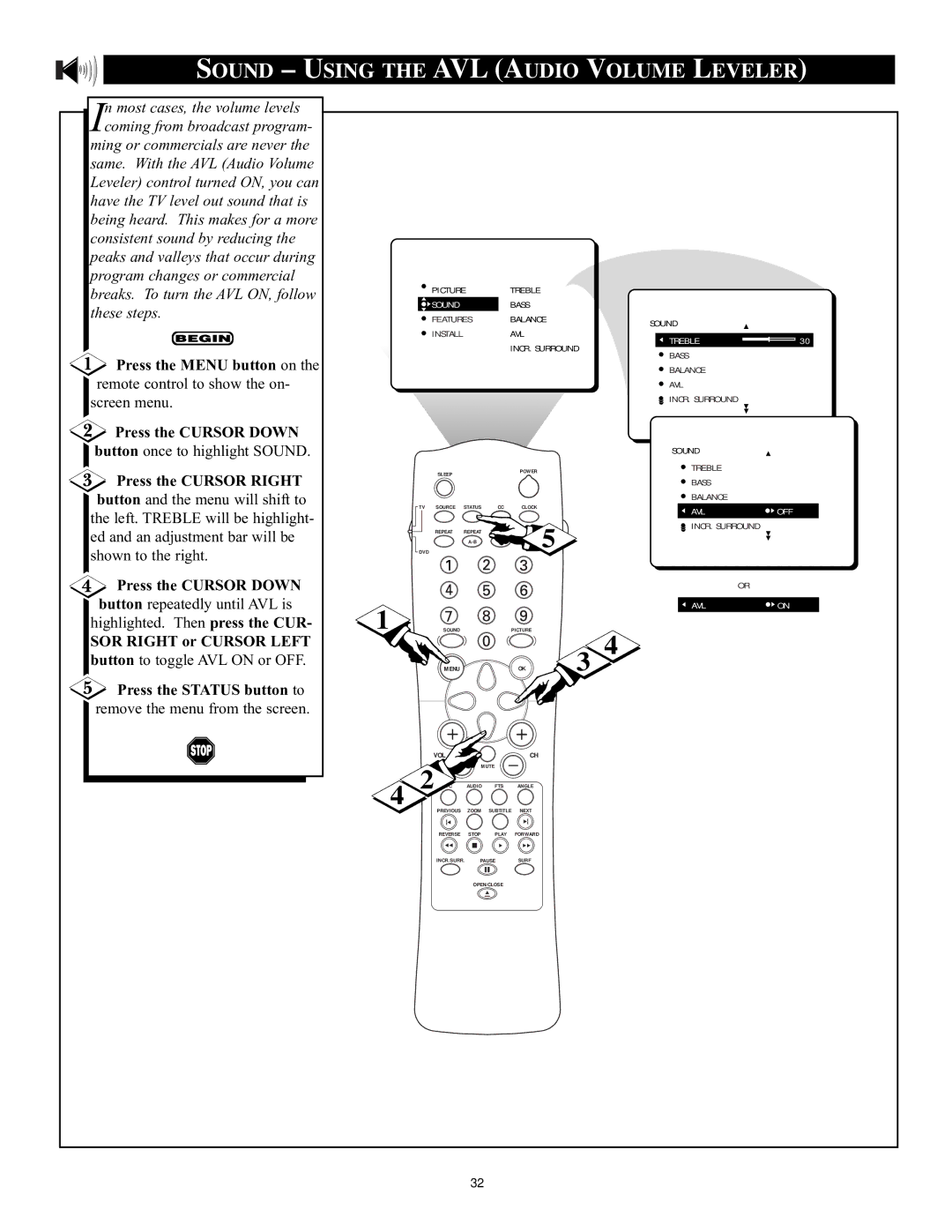 Philips CRT Television manual Sound Using the AVL Audio Volume Leveler, SOR Right or Cursor Left 