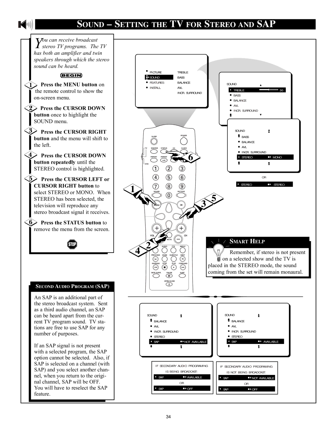 Philips CRT Television manual Sound Setting the TV for Stereo and SAP, Second Audio Program SAP 