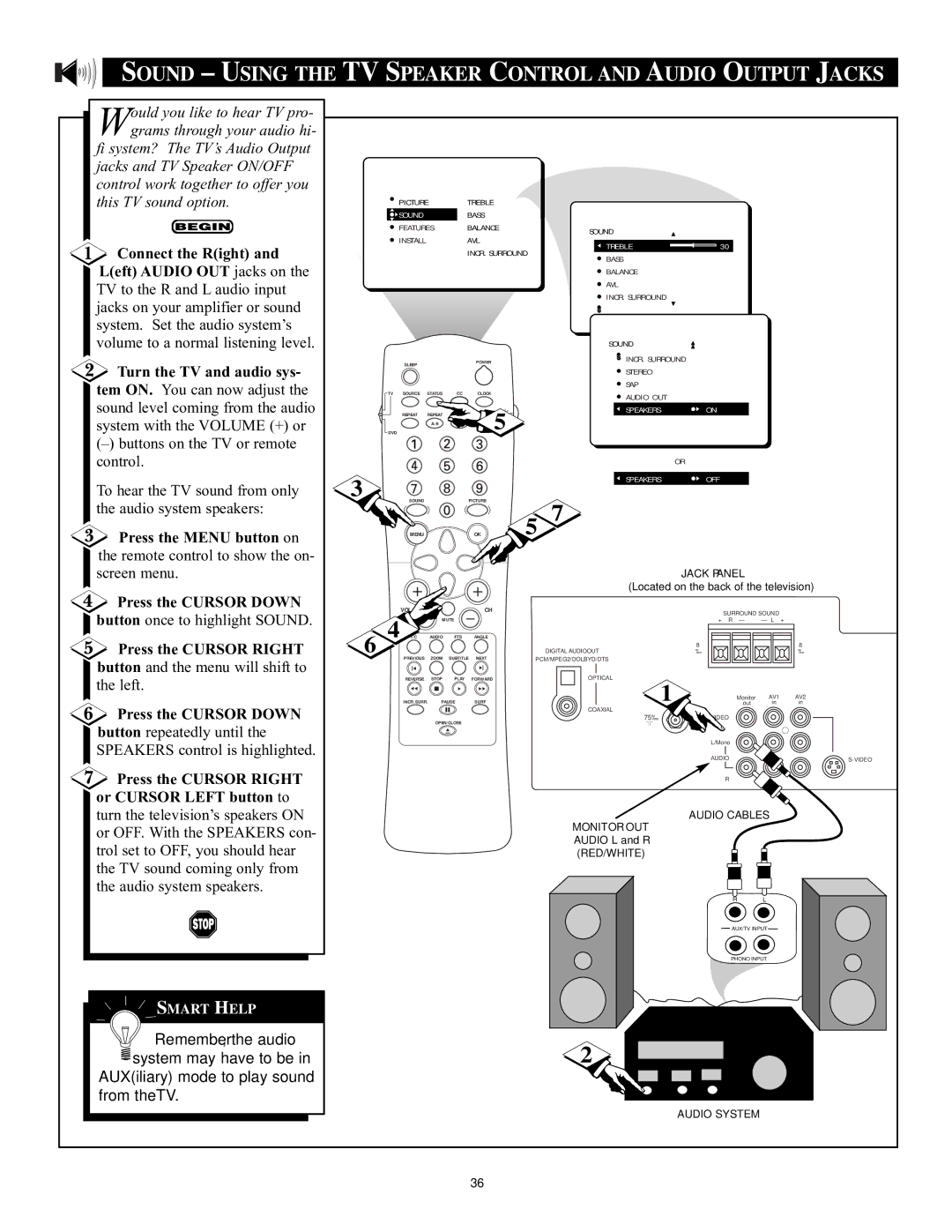 Philips CRT Television manual Sound Using the TV Speaker Control and Audio Output Jacks, Connect the Right 