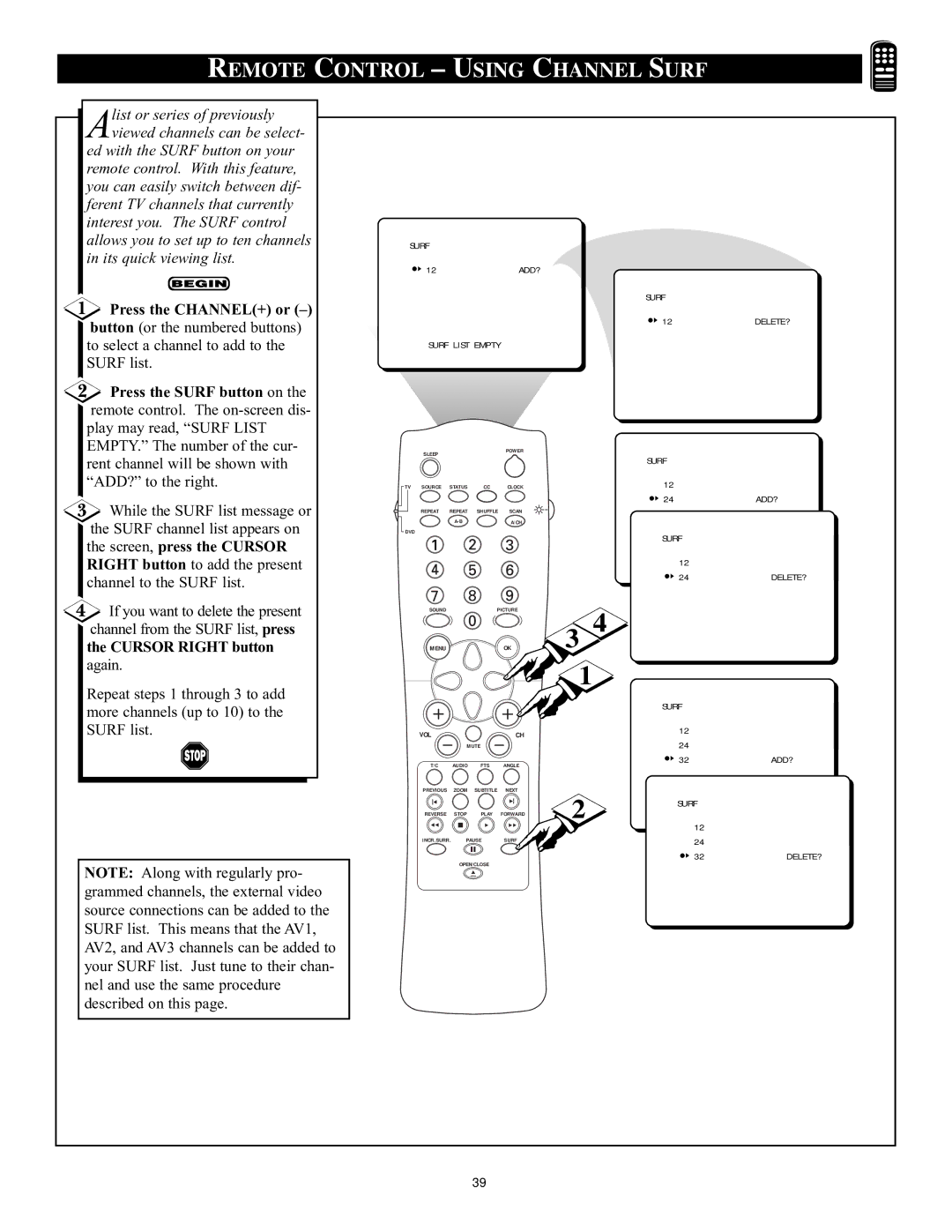 Philips CRT Television manual Remote Control Using Channel Surf, Press the CHANNEL+ or Ð, Press the Surf button on 