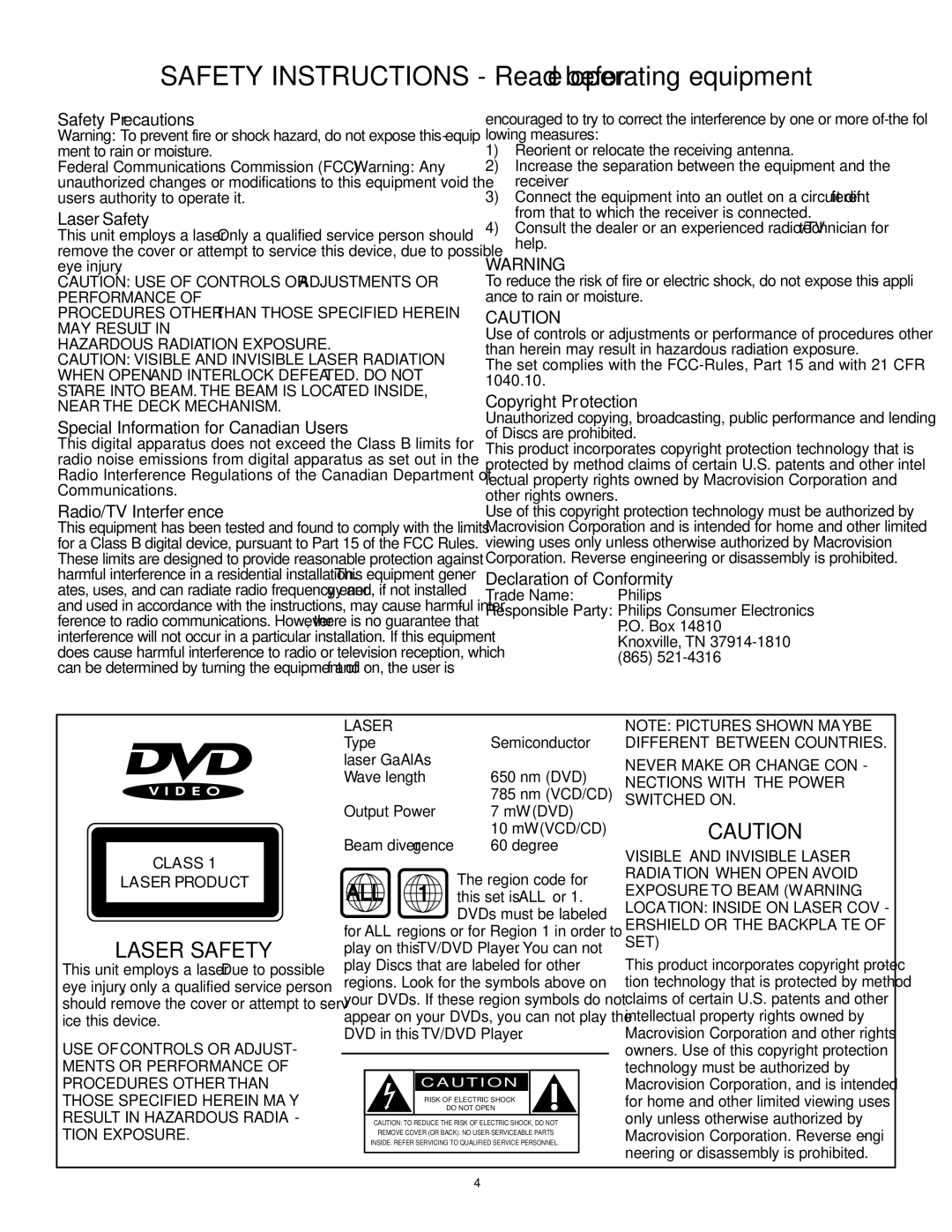 Philips CRT Television manual Safety Instructions Read before operating equipment, Region code for ALL 1 this set is ALL or 