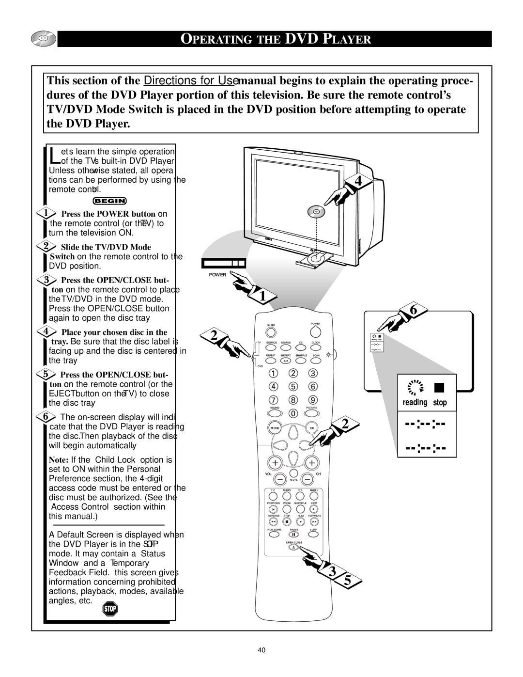 Philips CRT Television manual Operating the DVD Player, Power 