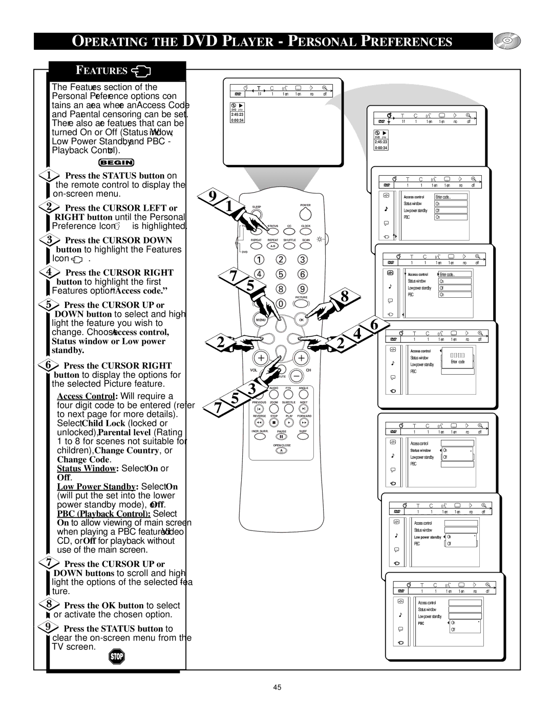 Philips CRT Television manual Status window or Low power, Standby, Access Control Will require a, Change Code 