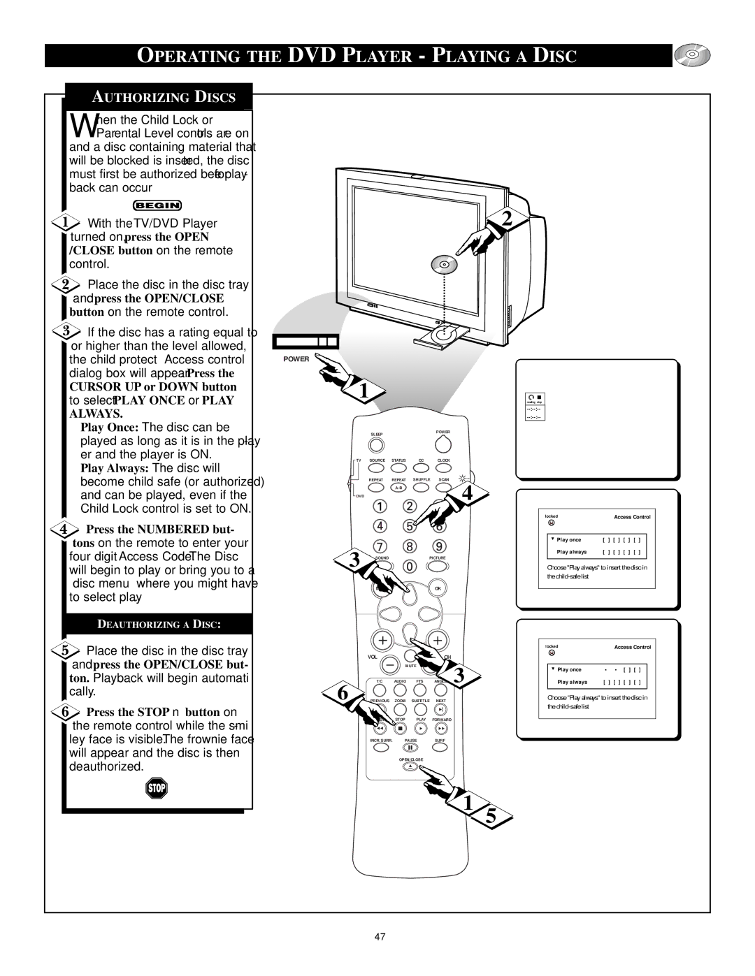 Philips CRT Television manual Operating the DVD Player Playing a Disc 